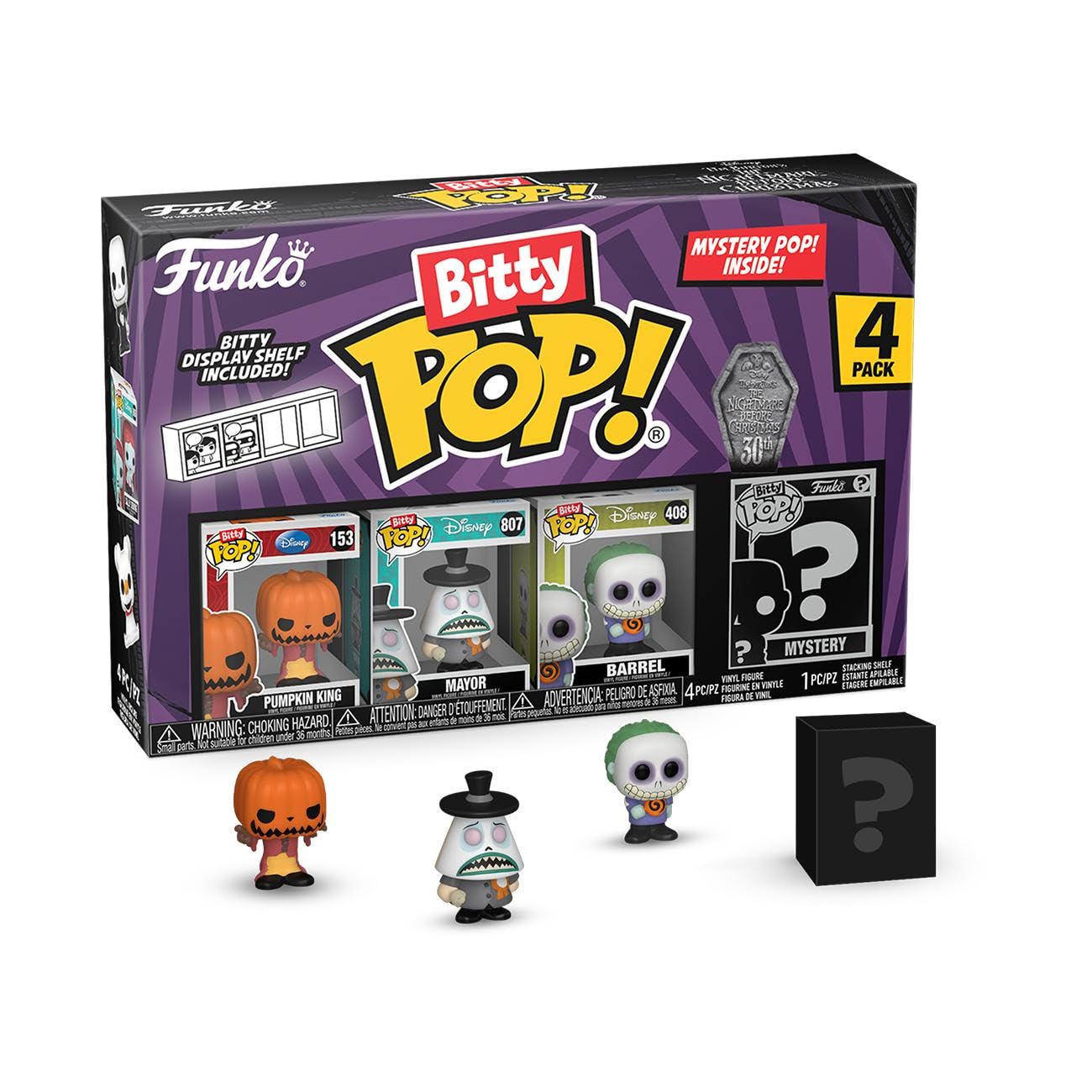 Funko Bitty Pop! The Nightmare Before Christmas Mini Collectible Toys 4-Pack - Pumpkin King, Mayor, Barrel & Mystery Chase Figure (Styles May Vary)