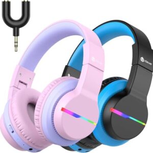 iClever BTH12 Kids Bluetooth Headphones 2 Pack,Colorful LED Lights Wireless Kids Headphones,74/85/94dB Volume Limited,55H Playtime,Bluetooth 5.2,Over Ear Headphones for iPad/Tablet/Traveling