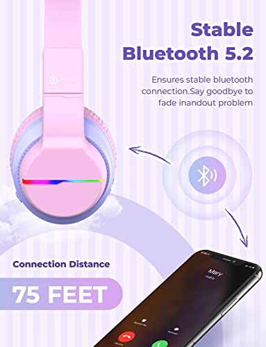 iClever BTH12 Kids Bluetooth Headphones 2 Pack,Colorful LED Lights Wireless Kids Headphones,74/85/94dB Volume Limited,55H Playtime,Bluetooth 5.2,Over Ear Headphones for iPad/Tablet/Traveling