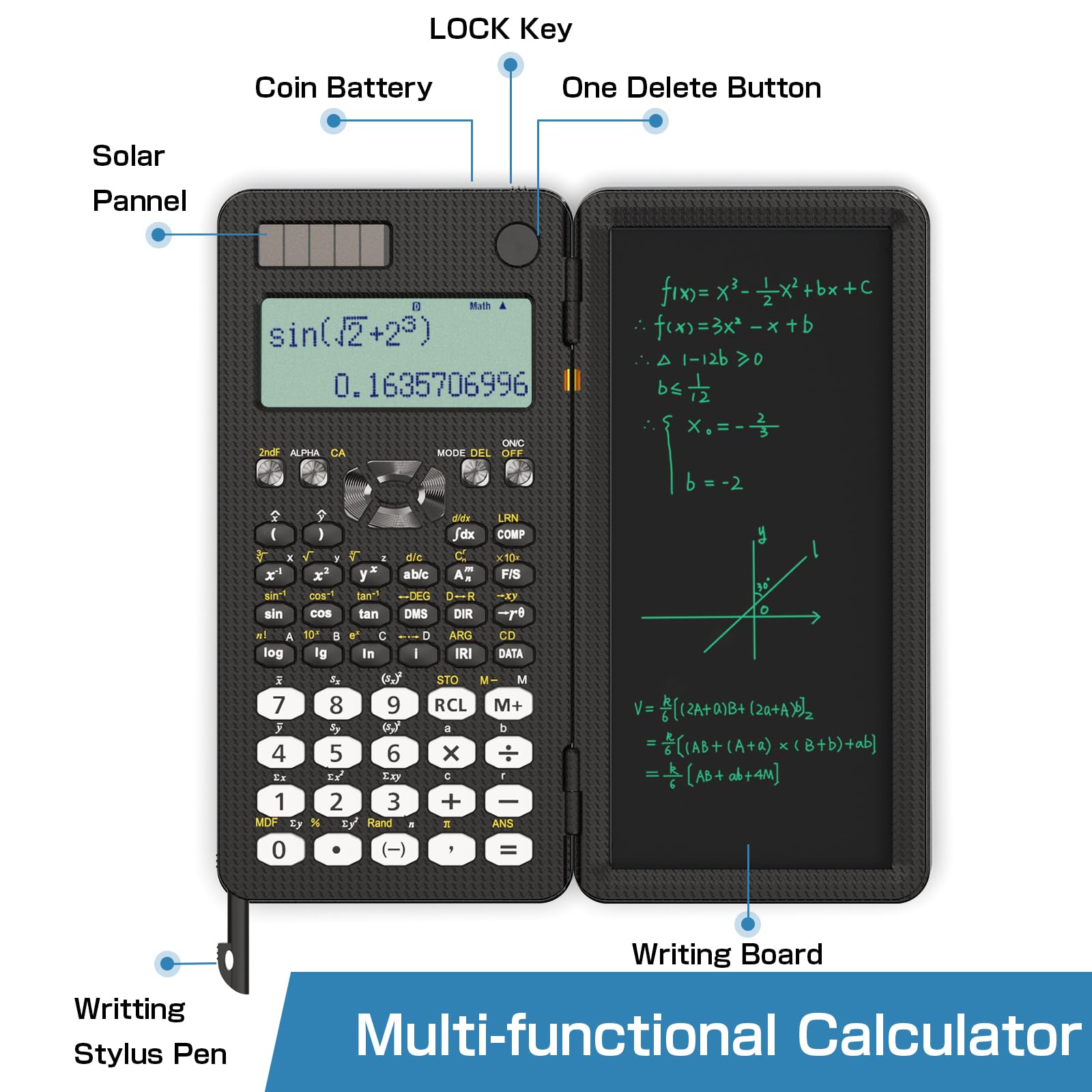 Scientific Calculator with Notepad,ROATEE Middle and High School Supplies for Students & College,82 MS Foldable 2-Line Display Science Calculator with Writing Tablet,Solar and Battery Powered