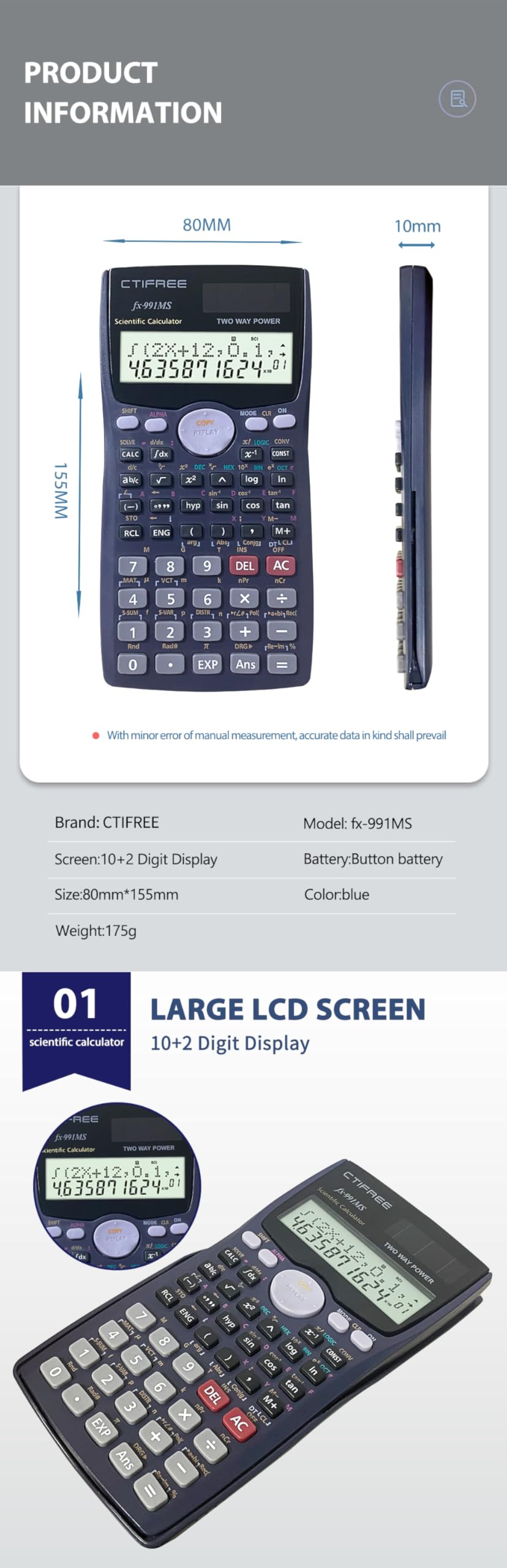 CTIFREE Scientific Calculator FX-991MS College Middle School Mathematics 401 Function Calculadora Cientifica Dual Power Scientific Calculator