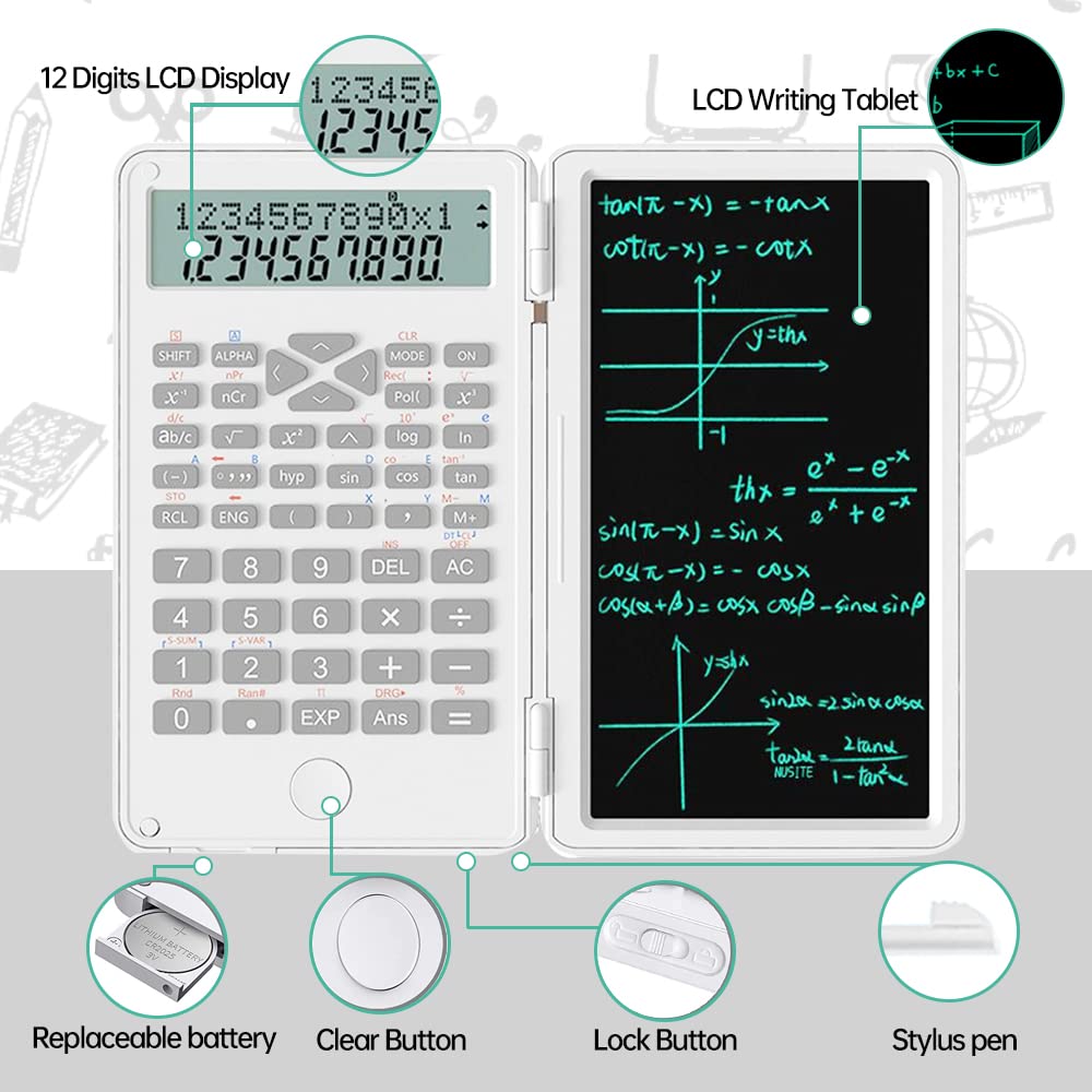 2 in 1 Scientific Calculator with Writing Tablet, Desktop Pocket LCD Science Calculator Notepad Professional Financial Calculator for Home School Office Business(White)