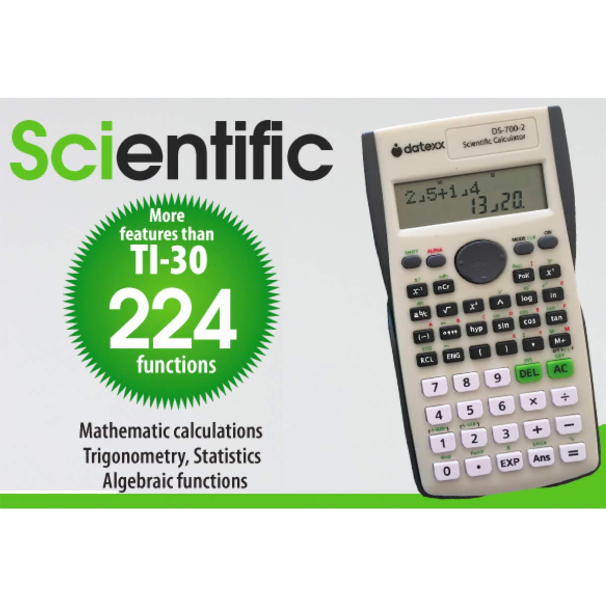Datexx DS-7002 Two Line Scientific Calculator, 200 functions for Scientific and Algebraic Calculation