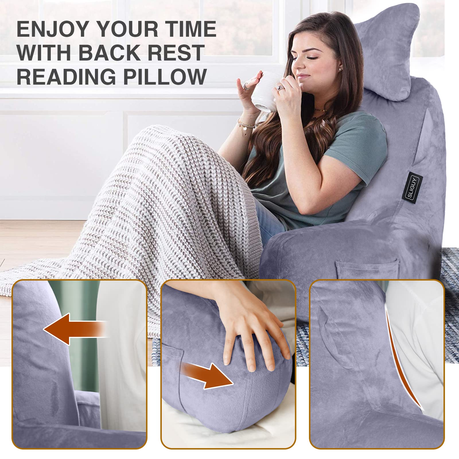 Reading Pillow-Bed Rest Pillow with Detachable Neck Roll & Higher Support Arm for Sitting in Bed Couch or Floor-Backrest Reading Pillow Adult Back Pillow for Reading/Watching TV/Gaming/Relaxing