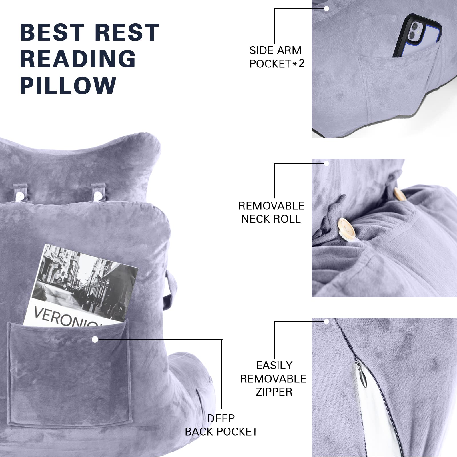 Reading Pillow-Bed Rest Pillow with Detachable Neck Roll & Higher Support Arm for Sitting in Bed Couch or Floor-Backrest Reading Pillow Adult Back Pillow for Reading/Watching TV/Gaming/Relaxing