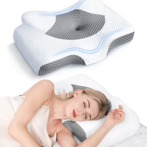 Cervical Pillow for Neck Pain Relief, Hollow Design Odorless Memory Foam Pillows with Cooling Case, Adjustable Orthopedic Bed Pillow for Sleeping, Contour Support for Side Back Stomach Sleepers