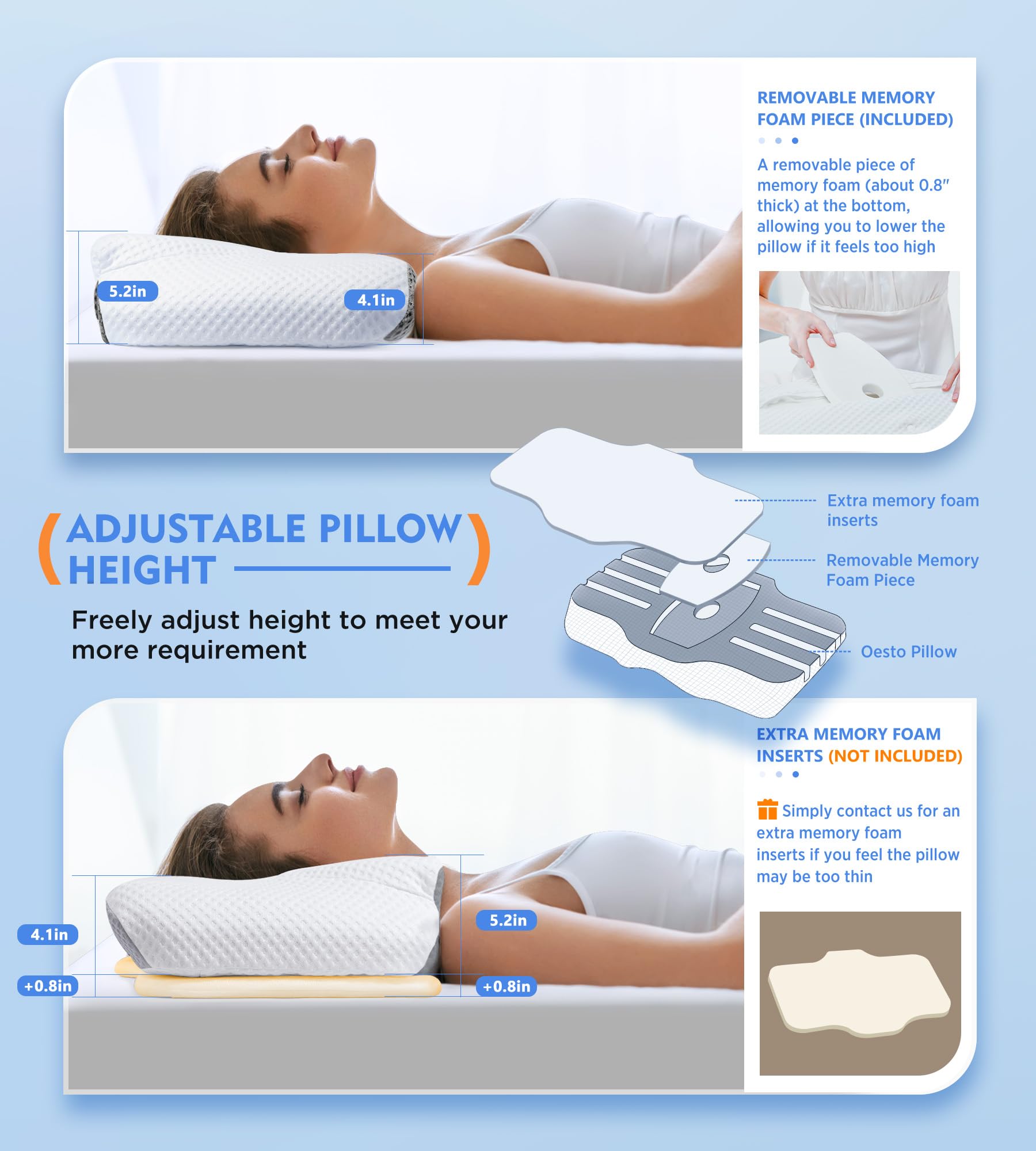 Cervical Pillow for Neck Pain Relief, Hollow Design Odorless Memory Foam Pillows with Cooling Case, Adjustable Orthopedic Bed Pillow for Sleeping, Contour Support for Side Back Stomach Sleepers