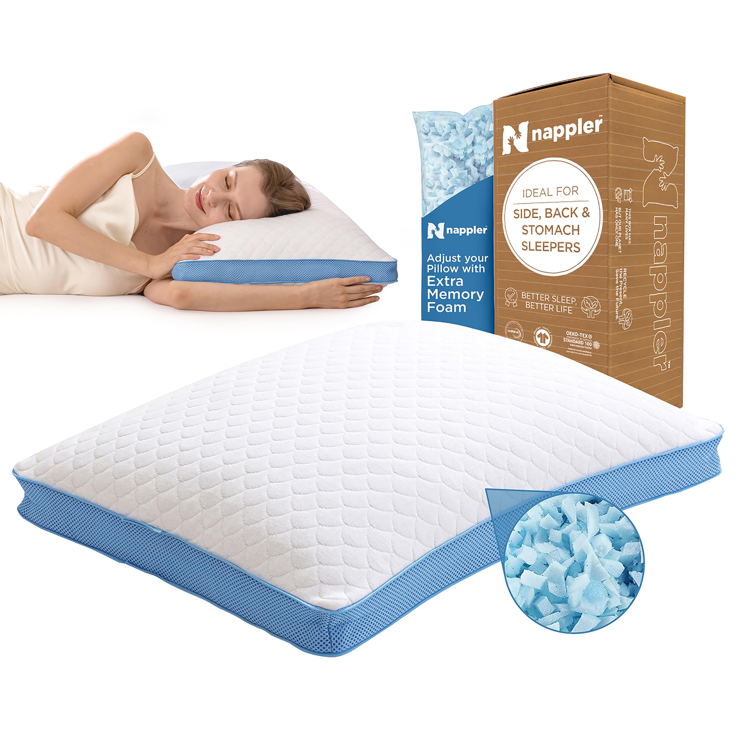 Nappler Side and Back Sleeper Pillow for Neck and Shoulder Pain Relief - Shredded Memory Foam Bed Pillow for Sleeping - 100% Adjustable Fill - Queen Size - Modal Washable Case. Extra Fill Included