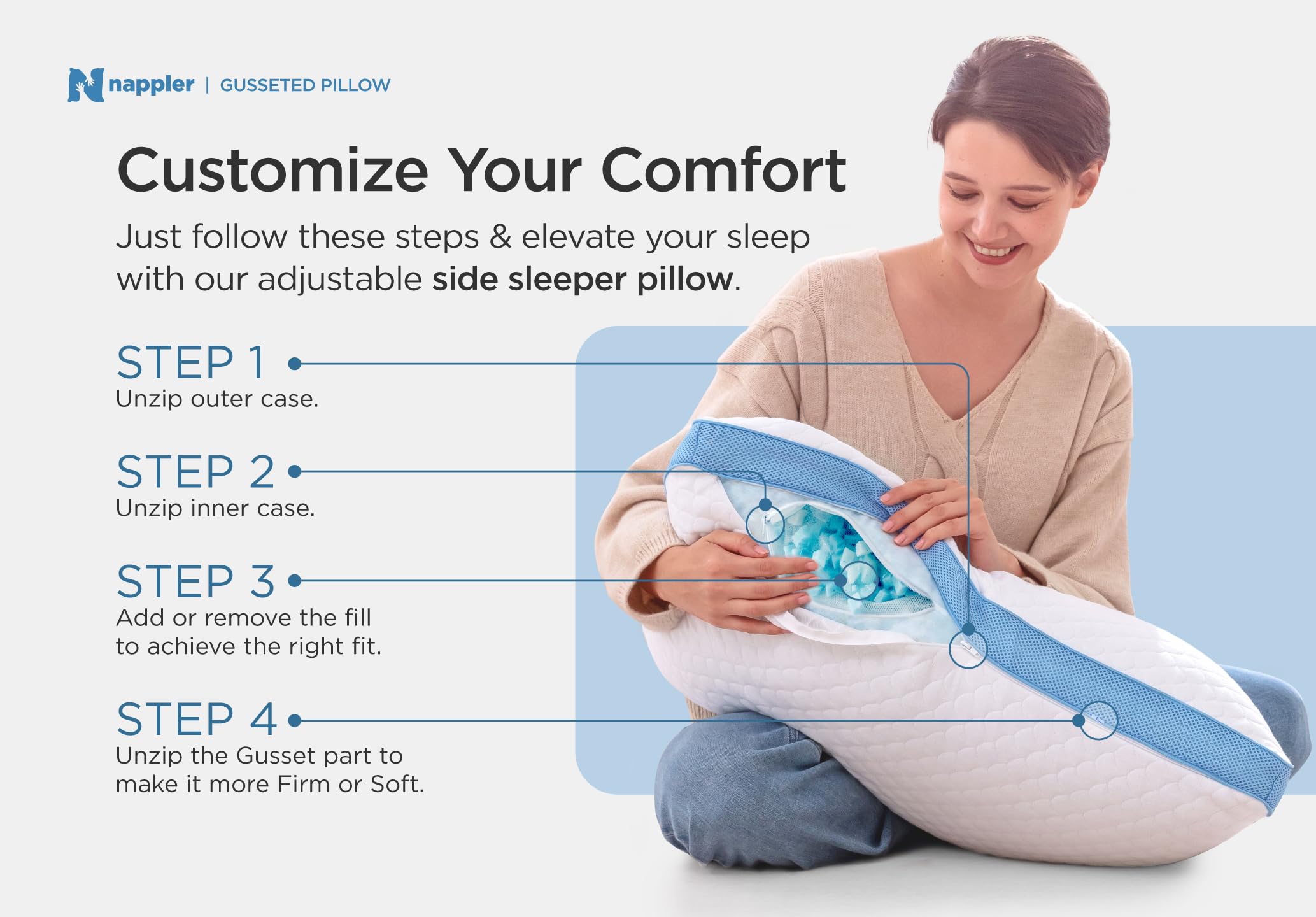 Nappler Side and Back Sleeper Pillow for Neck and Shoulder Pain Relief - Shredded Memory Foam Bed Pillow for Sleeping - 100% Adjustable Fill - Queen Size - Modal Washable Case. Extra Fill Included