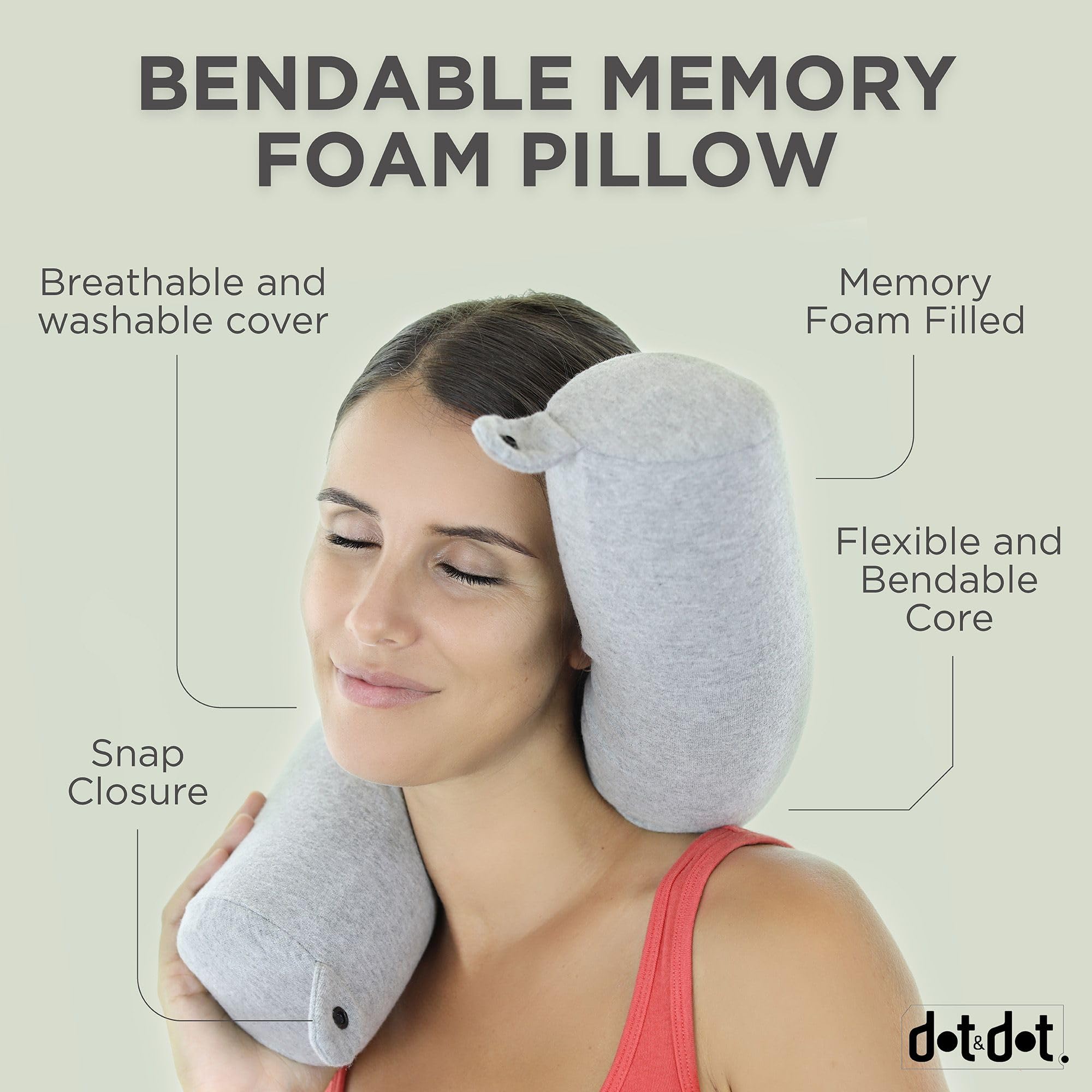 Dot&Dot Twist Memory Foam Travel Pillow for Neck, Chin, Lumbar and Leg Support - Neck Pillows for Sleeping Travel Airplane for Side, Stomach and Back Sleepers - Adjustable, Bendable Roll Pillow