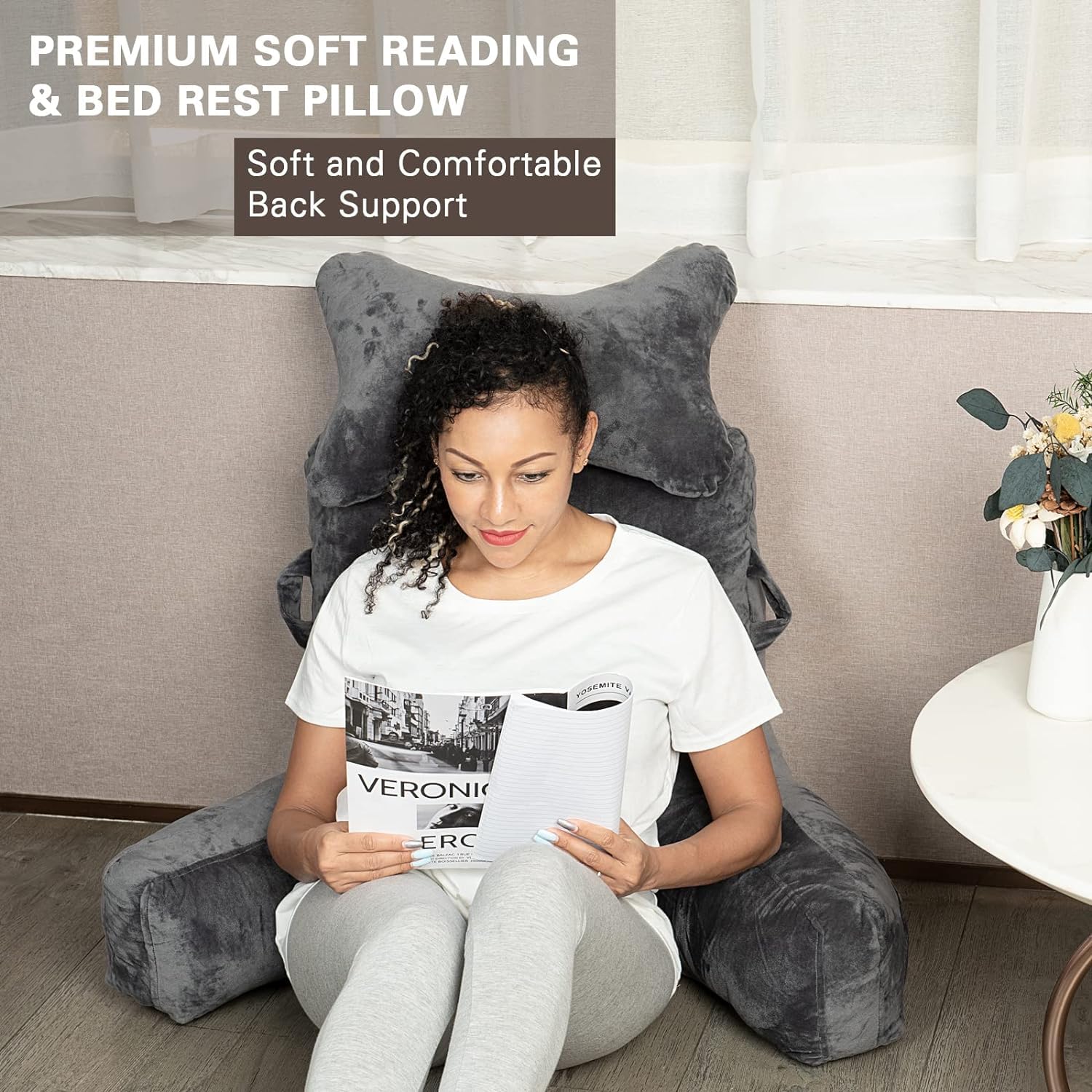 SLIGUY Reading Pillow Extra Large 31" Bed Rest Pillow with Detachable Neck Roll for Sitting in Bed or Couch Adult Back Pillow for Watching TV/Gaming/Relaxing