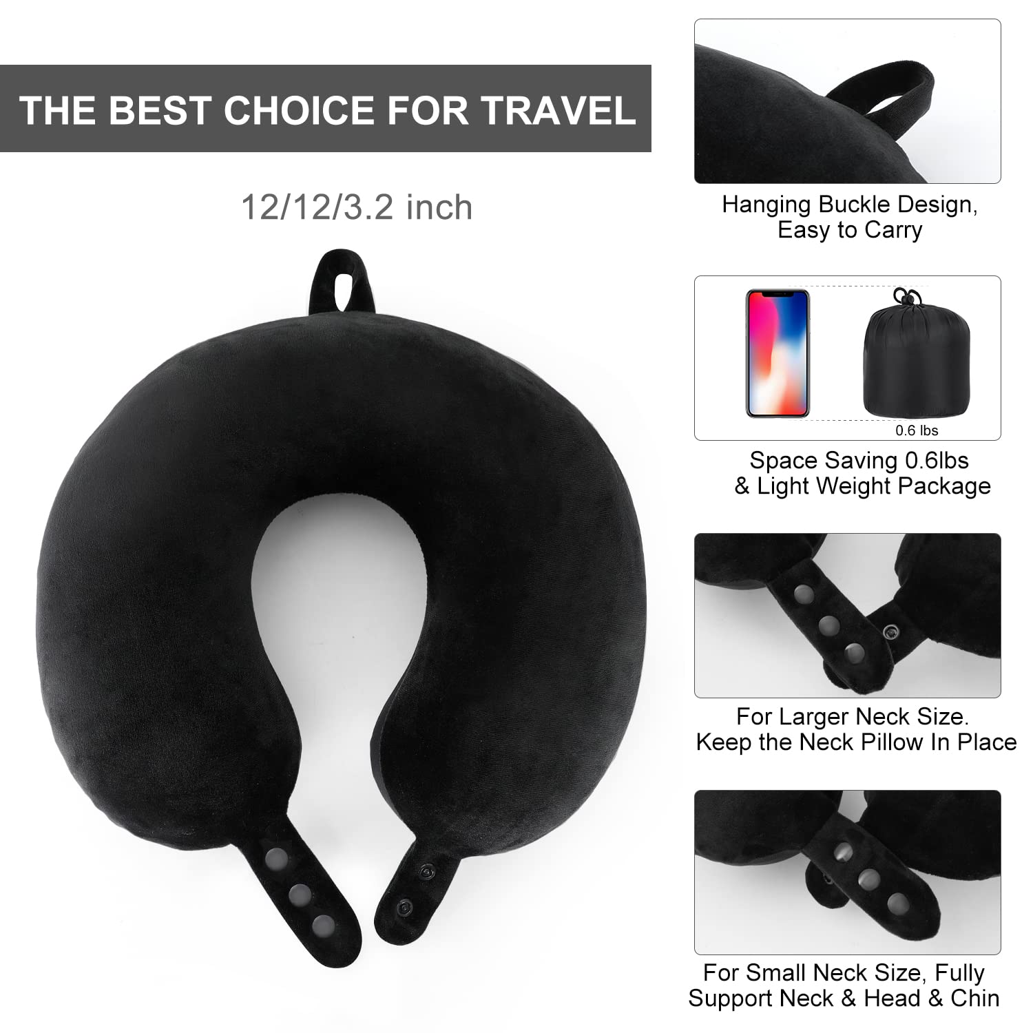 Travel Neck Pillow, Best Memory Foam Airplane Pillow for Head Support Soft Adjustable Pillow for Plane, Car & Home Recliner Use (Black)