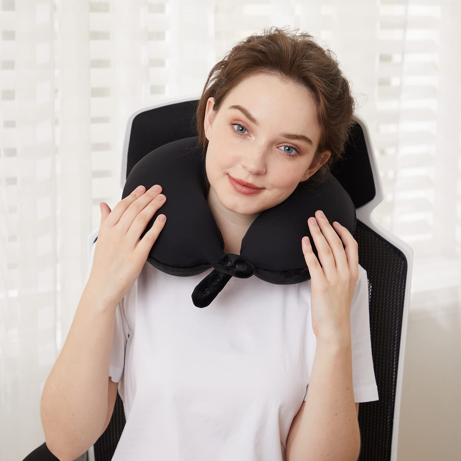 Travel Neck Pillow, Best Memory Foam Airplane Pillow for Head Support Soft Adjustable Pillow for Plane, Car & Home Recliner Use (Black)
