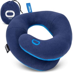 bcozzy 8-12 y/o kids travel pillow for car & airplane, soft kids neck pillow for traveling in car seat, provides double support for toddlers head & chin in road trips, washable, medium size, navy