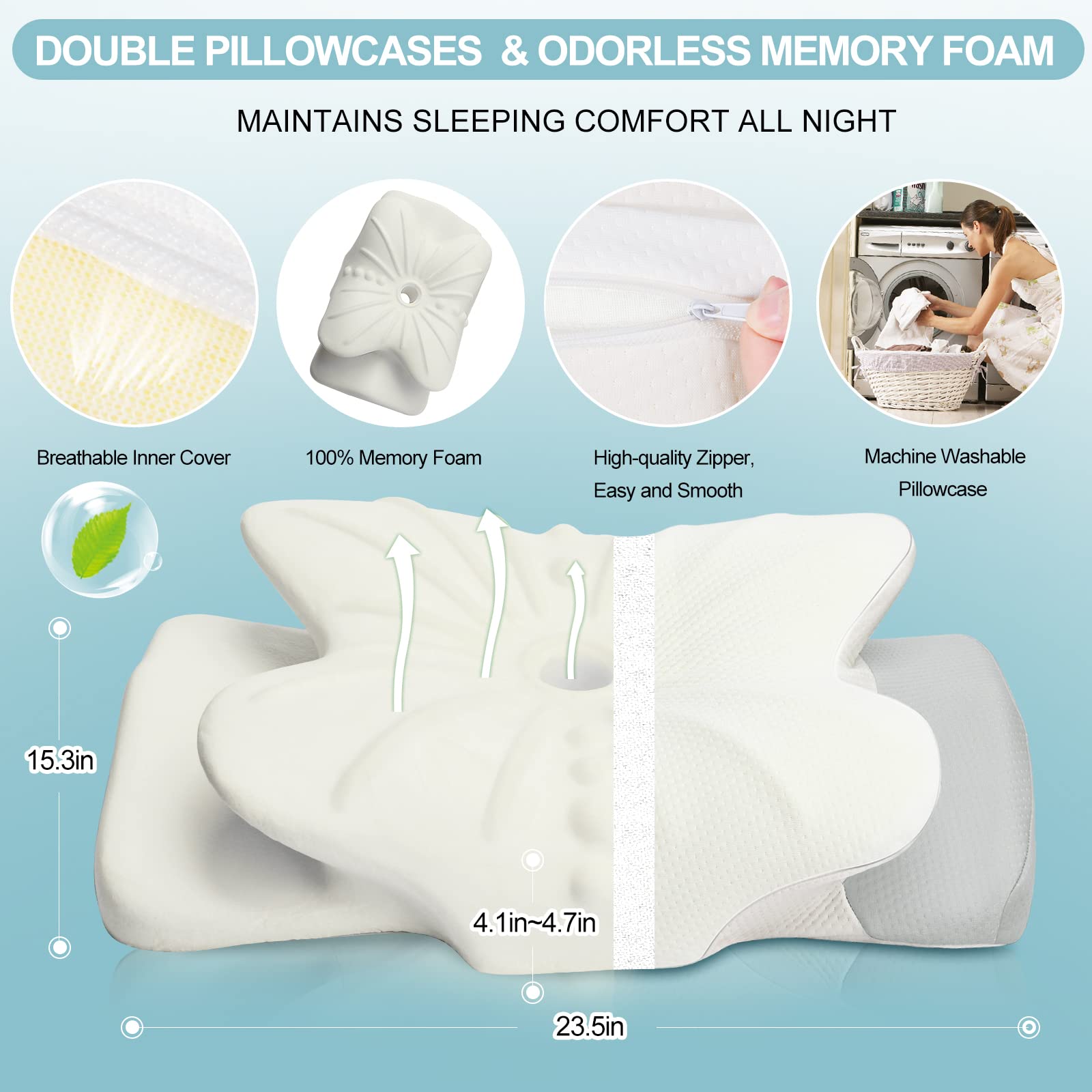 Pulatree Cervical Pillow for Neck Pain Relief, Odorless Contour Memory Foam Pillows, Ergonomic Orthopedic Bed Pillows for Sleeping, Support Side Back Stomach Sleeper (Queen)