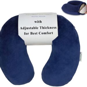 TravelMate Memory Foam Neck Pillow - Adjustable Thickness for Best Comfort, Dark Blue