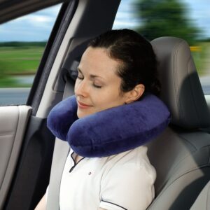 TravelMate Memory Foam Neck Pillow - Adjustable Thickness for Best Comfort, Dark Blue