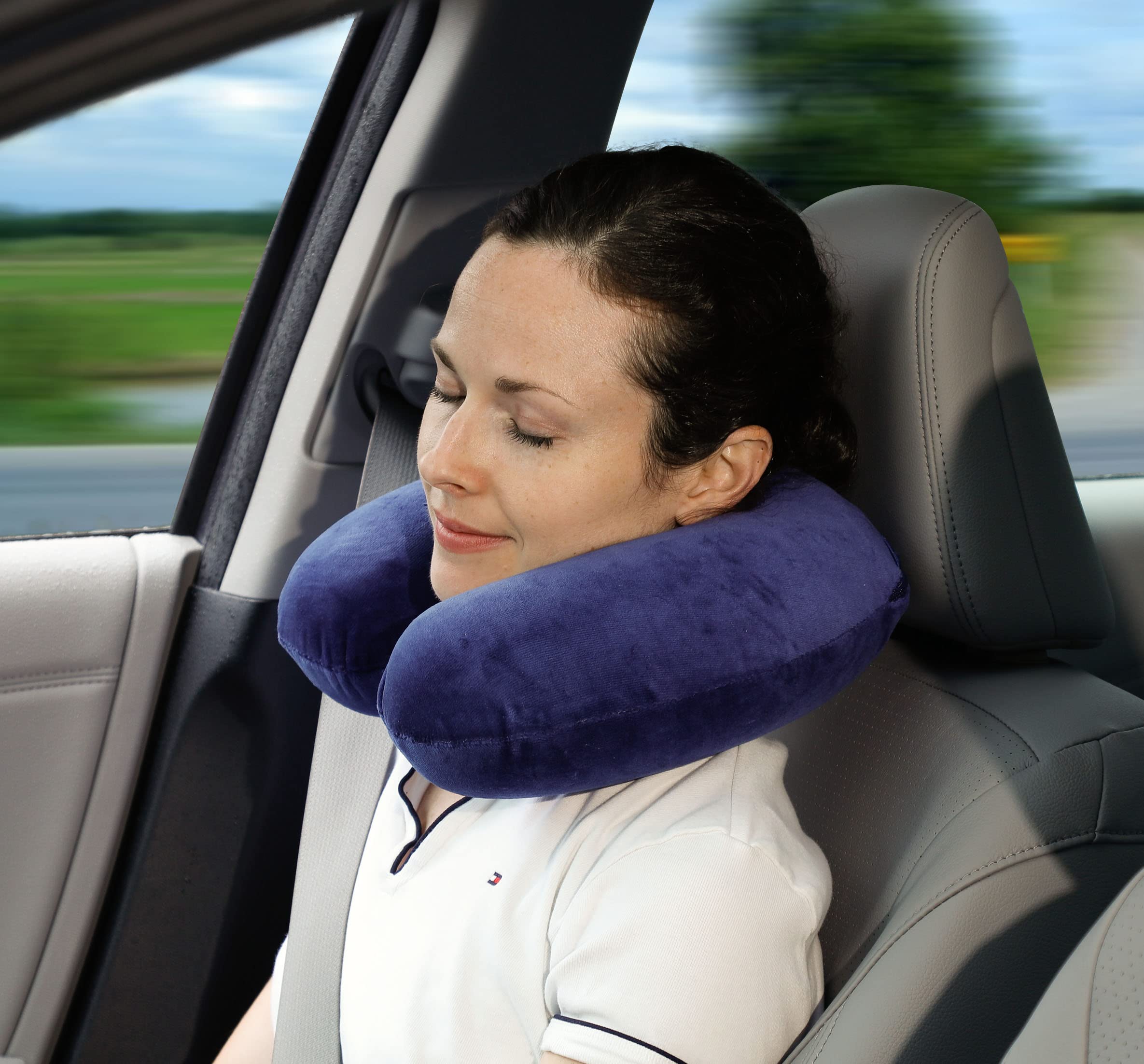 TravelMate Memory Foam Neck Pillow - Adjustable Thickness for Best Comfort, Dark Blue