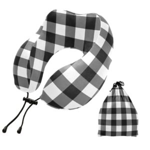 Vnurnrn Black White Buffalo Plaid Travel Neck Pillow Memory Foam Airplane Pillow with Storage Bag Head Support Soft Pillows Neck Support Pillow for Gifts Camp Study Work