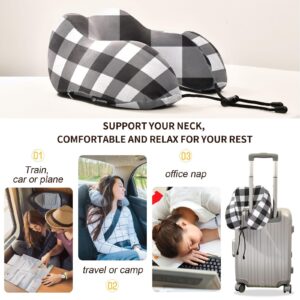 Vnurnrn Black White Buffalo Plaid Travel Neck Pillow Memory Foam Airplane Pillow with Storage Bag Head Support Soft Pillows Neck Support Pillow for Gifts Camp Study Work