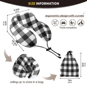 Vnurnrn Black White Buffalo Plaid Travel Neck Pillow Memory Foam Airplane Pillow with Storage Bag Head Support Soft Pillows Neck Support Pillow for Gifts Camp Study Work