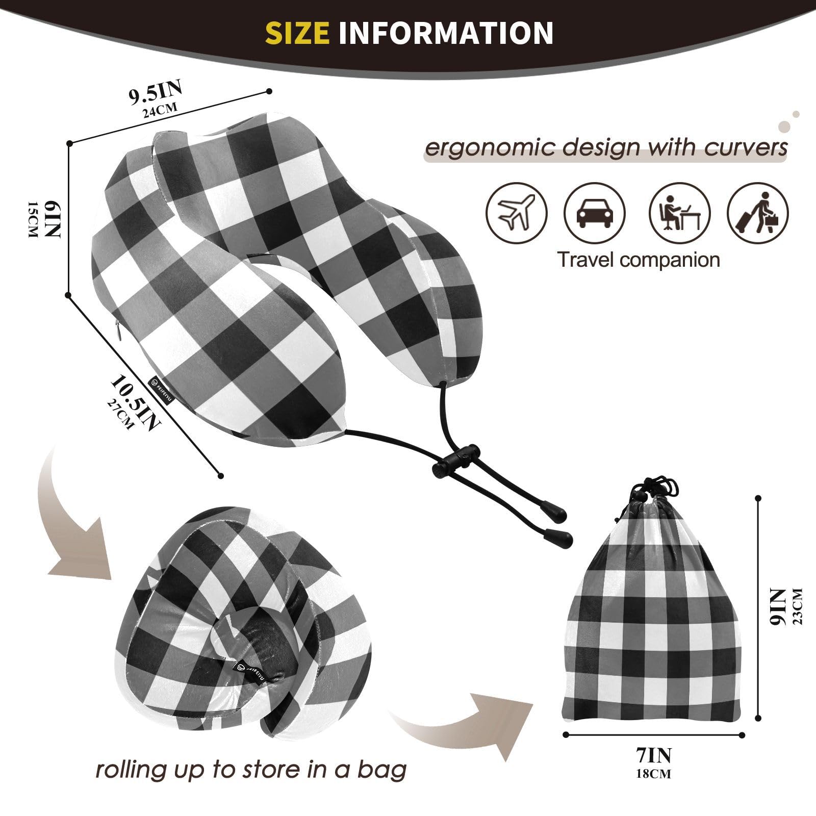 Vnurnrn Black White Buffalo Plaid Travel Neck Pillow Memory Foam Airplane Pillow with Storage Bag Head Support Soft Pillows Neck Support Pillow for Gifts Camp Study Work