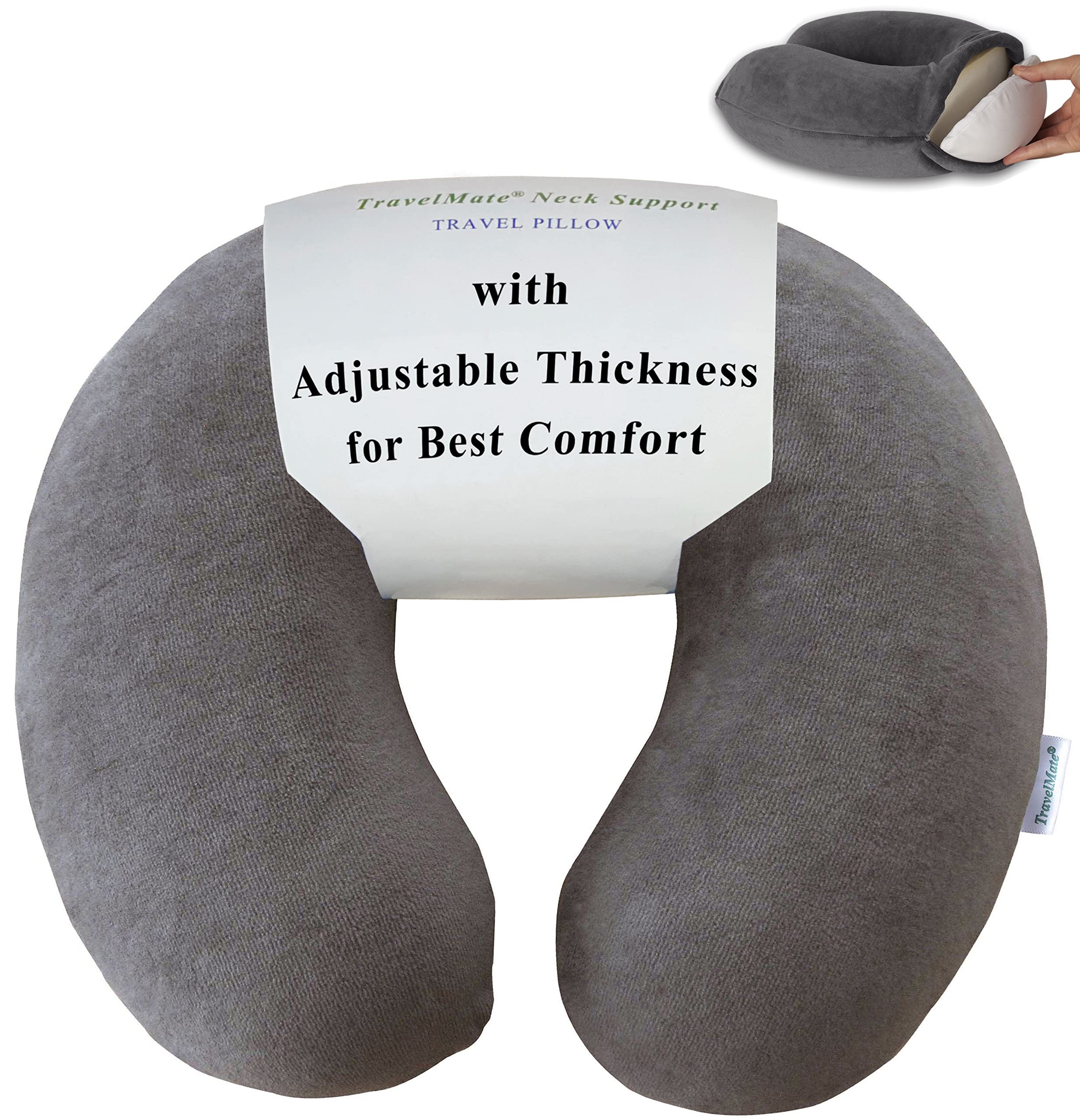 TravelMate Memory Foam Neck Pillow - Adjustable Thickness for Best Comfort, Grey