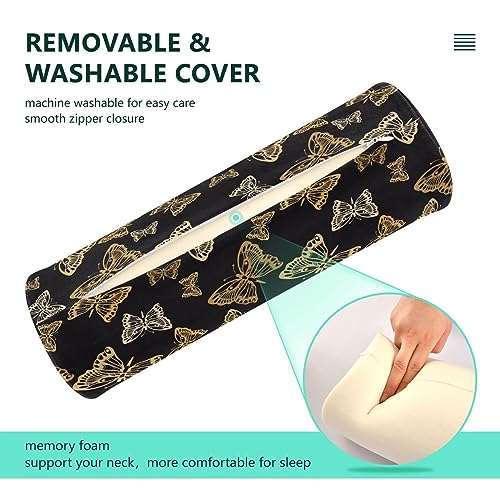 Vnurnrn Butterflies Gold Neck Support Pillow Round Neck Roll Bolster Cylinder Pillow Cervical Pillows Round Neck Pillow for Leg Knee Back Head Support for Camp Work Women Men Traveling