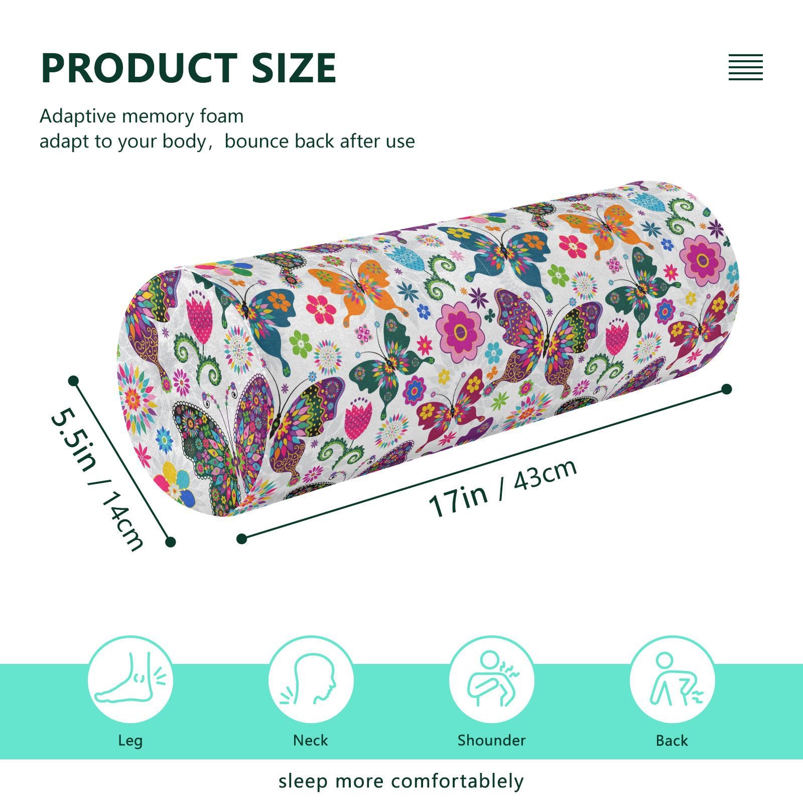 Vnurnrn Spring Butterflies Flowers Neck Support Pillow Round Neck Roll Bolster Cylinder Pillow Cervical Pillows Round Neck Pillow for Leg Knee Back Head Support for Camp Work Women Men Traveling