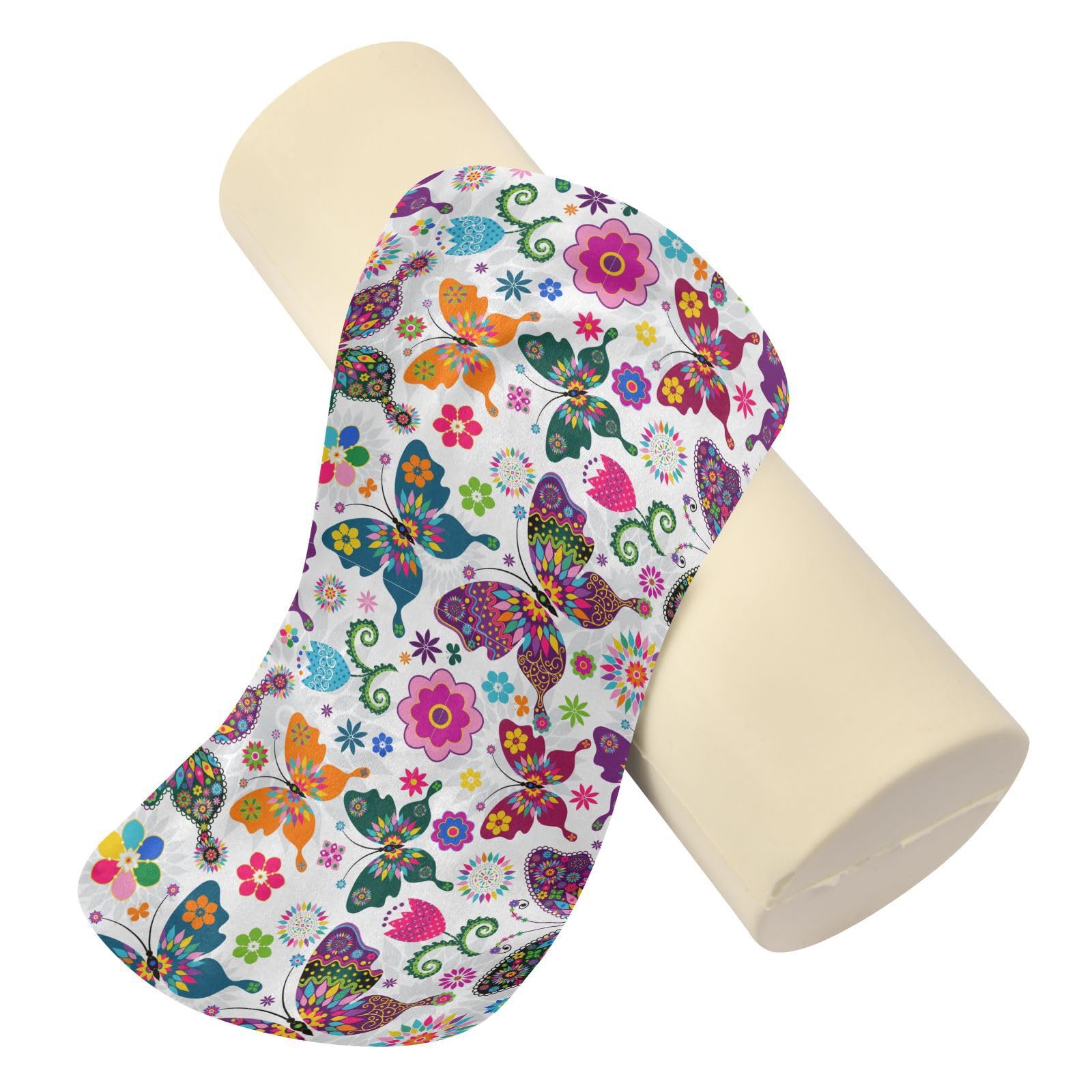 Vnurnrn Spring Butterflies Flowers Neck Support Pillow Round Neck Roll Bolster Cylinder Pillow Cervical Pillows Round Neck Pillow for Leg Knee Back Head Support for Camp Work Women Men Traveling