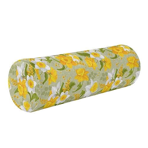 Vnurnrn Retro Flower Faffodils Leaves Neck Support Pillow Round Neck Roll Bolster Cylinder Pillow Cervical Pillows Round Neck Pillow for Leg Knee Back Head Support for Camp Study Work Men