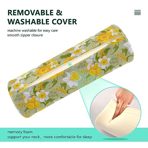 Vnurnrn Retro Flower Faffodils Leaves Neck Support Pillow Round Neck Roll Bolster Cylinder Pillow Cervical Pillows Round Neck Pillow for Leg Knee Back Head Support for Camp Study Work Men