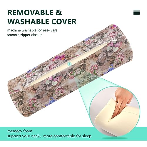 Vnurnrn Stamps Rose Flowers Butterflies Neck Support Pillow Round Neck Roll Bolster Cylinder Pillow Cervical Pillows Round Neck Pillow for Leg Knee Back Head Support for Camp Study Work Men