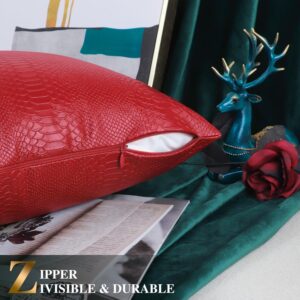 BRAWARM Christmas Red Leather Throw Pillows 20 X 20 Inches, Snake Leather Pillow Covers Pack of 2, Faux Leather Decorative Pillow Covers for Couch Living Room Garden Bed Sofa Home