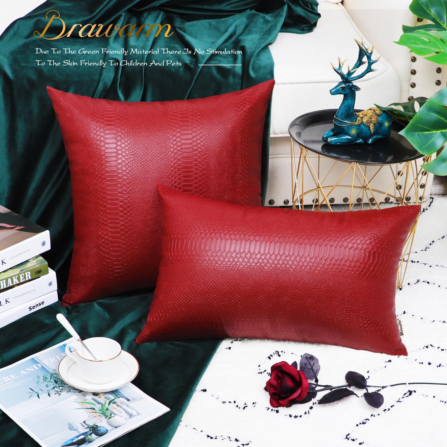 BRAWARM Christmas Red Leather Throw Pillows 20 X 20 Inches, Snake Leather Pillow Covers Pack of 2, Faux Leather Decorative Pillow Covers for Couch Living Room Garden Bed Sofa Home