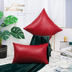 BRAWARM Christmas Red Leather Throw Pillows 20 X 20 Inches, Snake Leather Pillow Covers Pack of 2, Faux Leather Decorative Pillow Covers for Couch Living Room Garden Bed Sofa Home