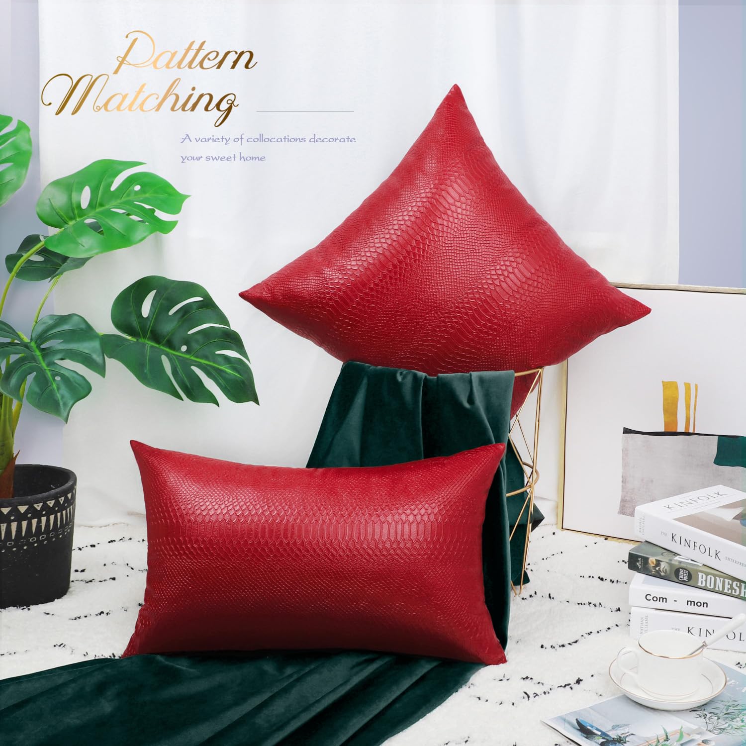 BRAWARM Christmas Red Leather Throw Pillows 20 X 20 Inches, Snake Leather Pillow Covers Pack of 2, Faux Leather Decorative Pillow Covers for Couch Living Room Garden Bed Sofa Home