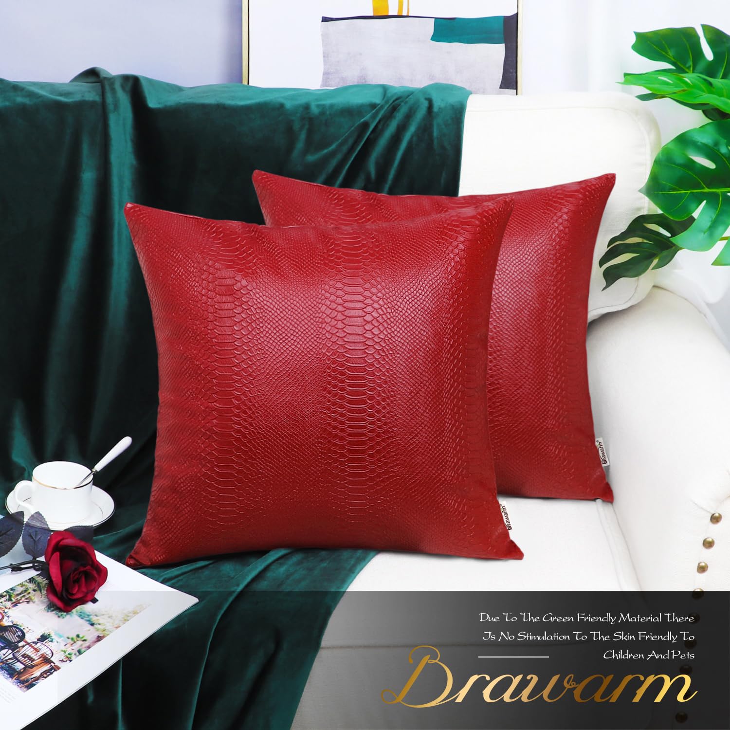 BRAWARM Christmas Red Leather Throw Pillows 20 X 20 Inches, Snake Leather Pillow Covers Pack of 2, Faux Leather Decorative Pillow Covers for Couch Living Room Garden Bed Sofa Home