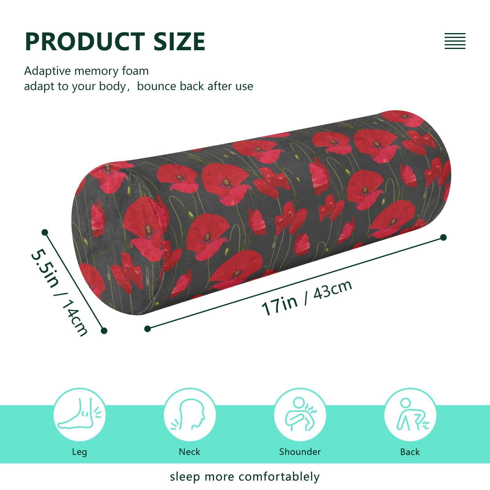 Vnurnrn Floral Red Flowers Neck Support Pillow Round Neck Roll Bolster Cylinder Pillow Cervical Pillows Bolster Pillow for Leg Knee Back Head Support for Work Women Men Traveling Headrest