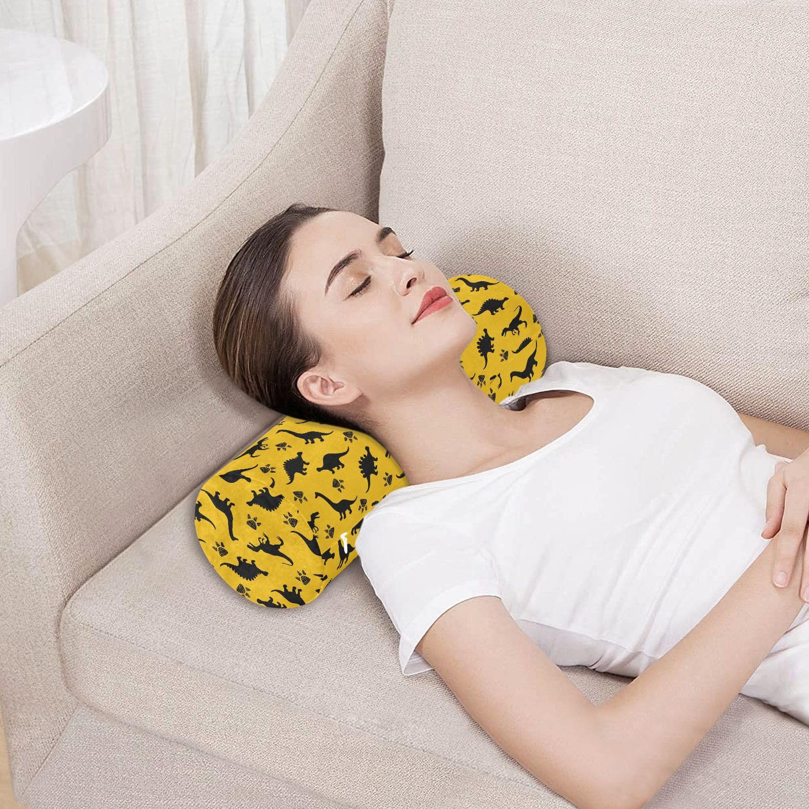 Vnurnrn Yellow Dinosaur Neck Support Pillow Round Neck Roll Bolster Cylinder Pillow Cervical Pillows Neck Roll Pillow for Leg Knee Back Head Support for Bedroom Camp Work Women Men