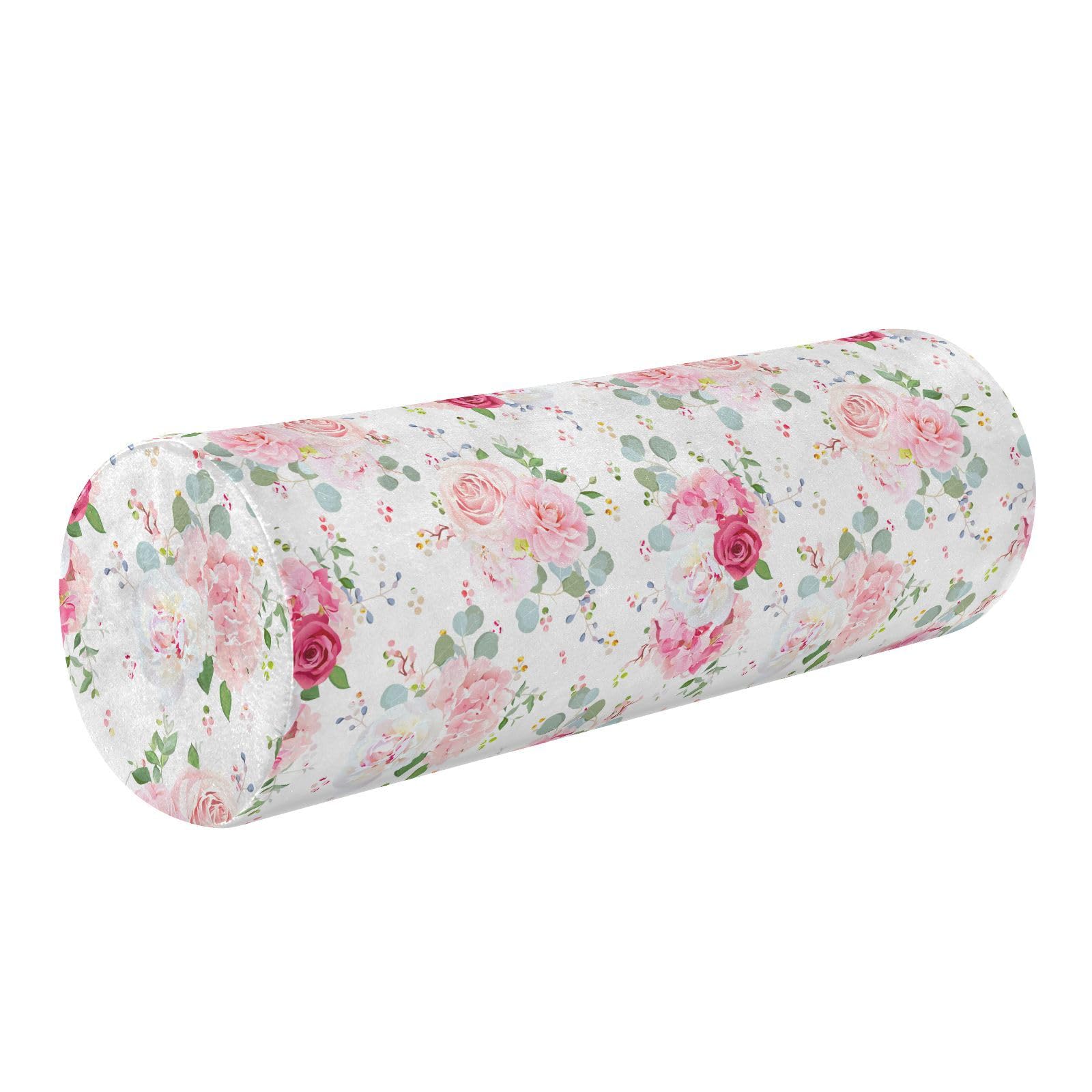 Vnurnrn Red Pink Rose Flowers Neck Support Pillow Round Neck Roll Bolster Cylinder Pillow Cervical Pillows Memory Foam Pillow for Leg Knee Back Head Support for Gifts Camp Study Work