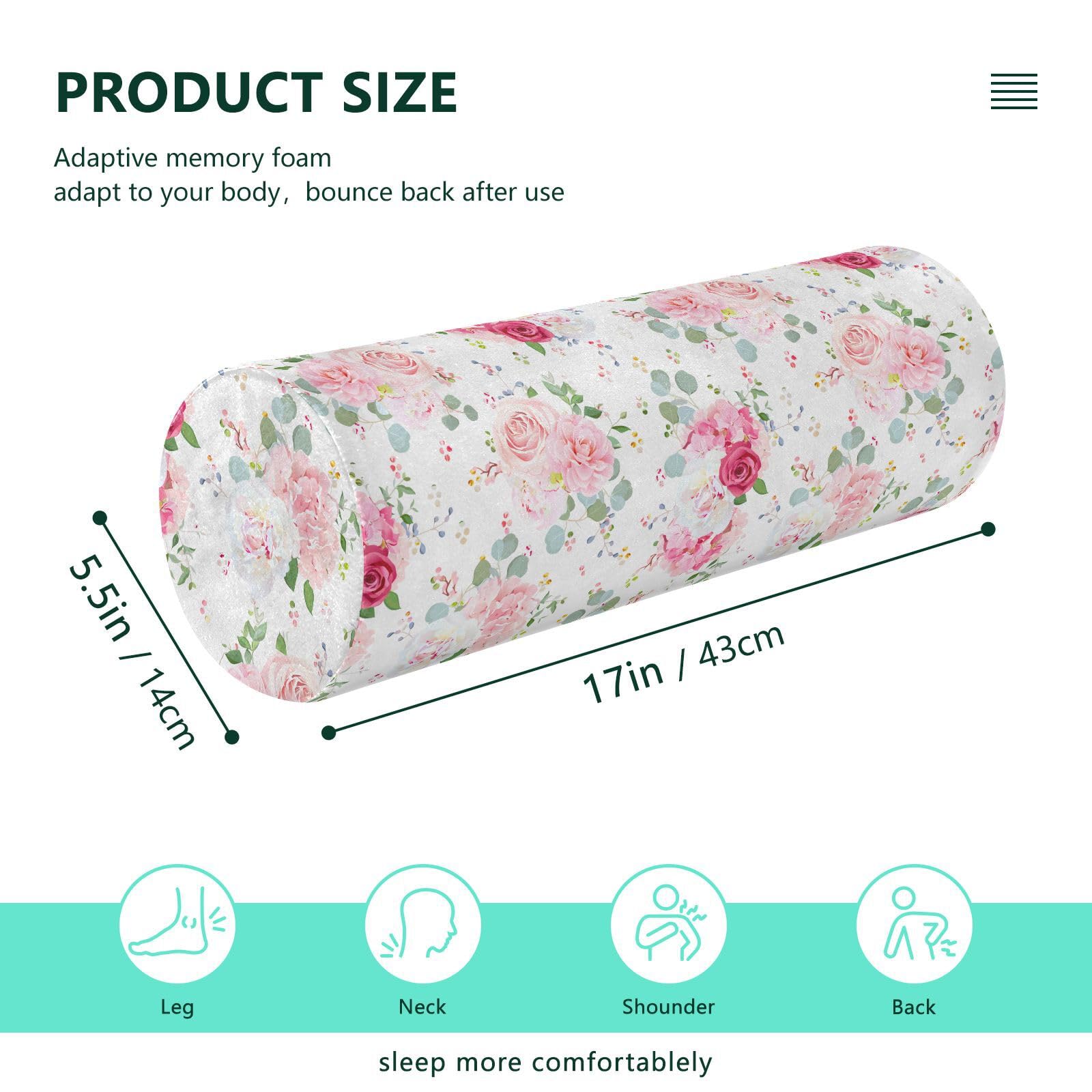 Vnurnrn Red Pink Rose Flowers Neck Support Pillow Round Neck Roll Bolster Cylinder Pillow Cervical Pillows Memory Foam Pillow for Leg Knee Back Head Support for Gifts Camp Study Work