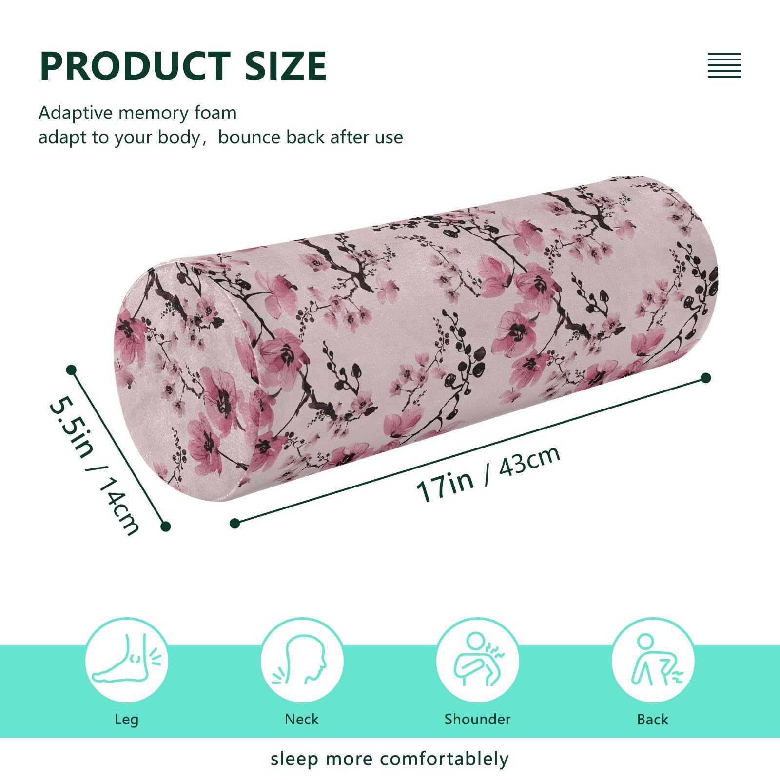 Vnurnrn Pink Cherry Neck Support Pillow Round Neck Roll Bolster Cylinder Pillow Cervical Pillows Arm Pillow for Leg Knee Back Head Support for Adults Bedroom Camp Work