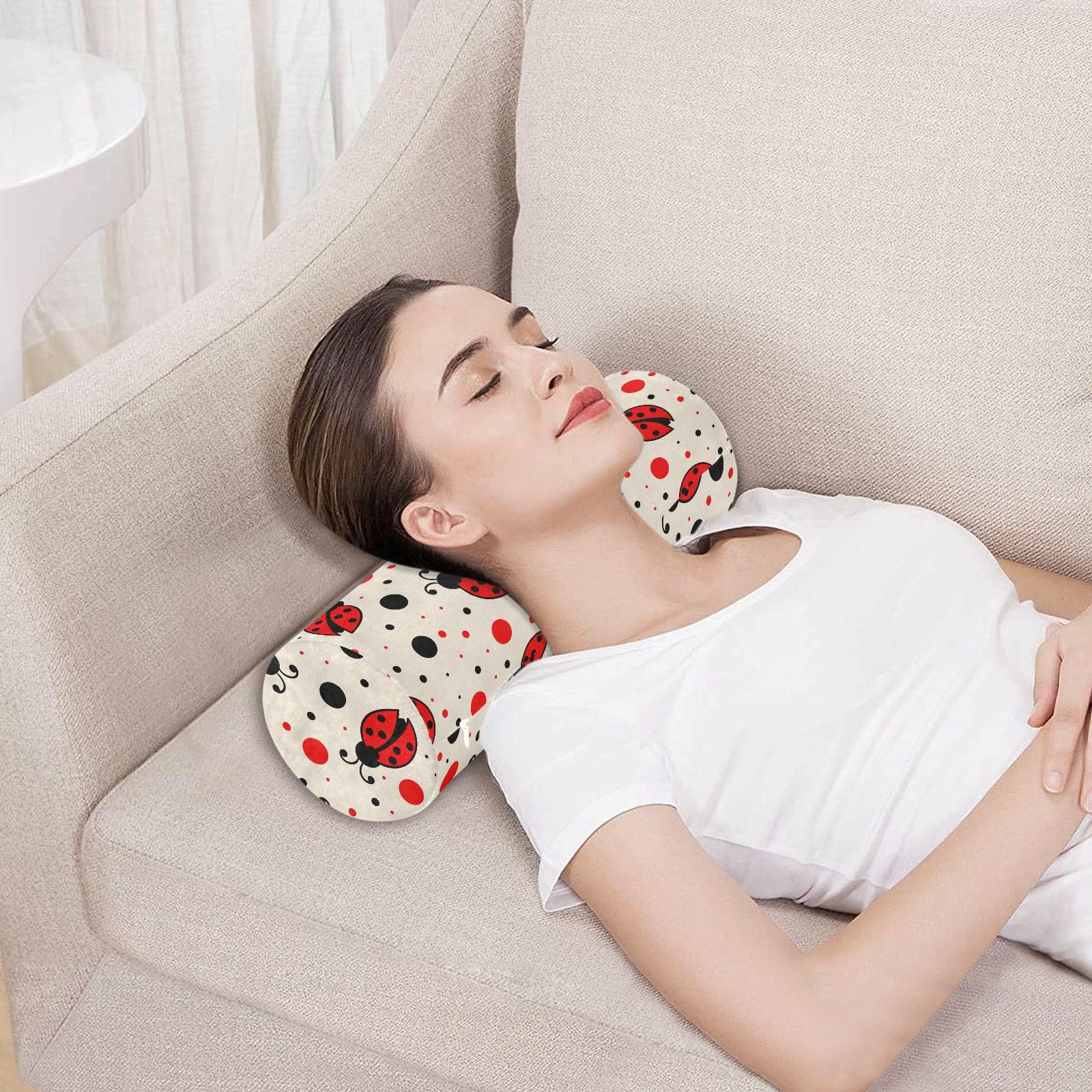 Vnurnrn Ladybirds Dots Neck Support Pillow Round Neck Roll Bolster Cylinder Pillow Cervical Pillows Knee Pillow for Leg Knee Back Head Support for Study Work Men Women