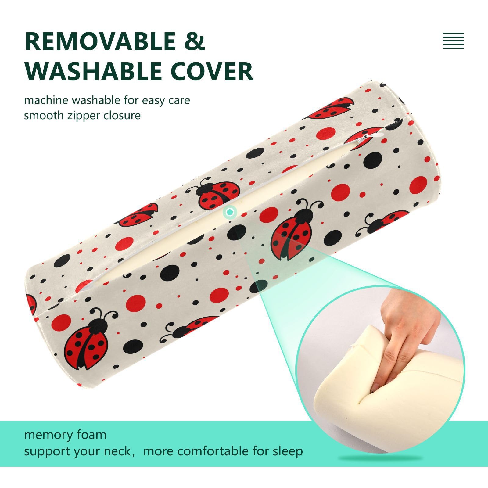 Vnurnrn Ladybirds Dots Neck Support Pillow Round Neck Roll Bolster Cylinder Pillow Cervical Pillows Knee Pillow for Leg Knee Back Head Support for Study Work Men Women