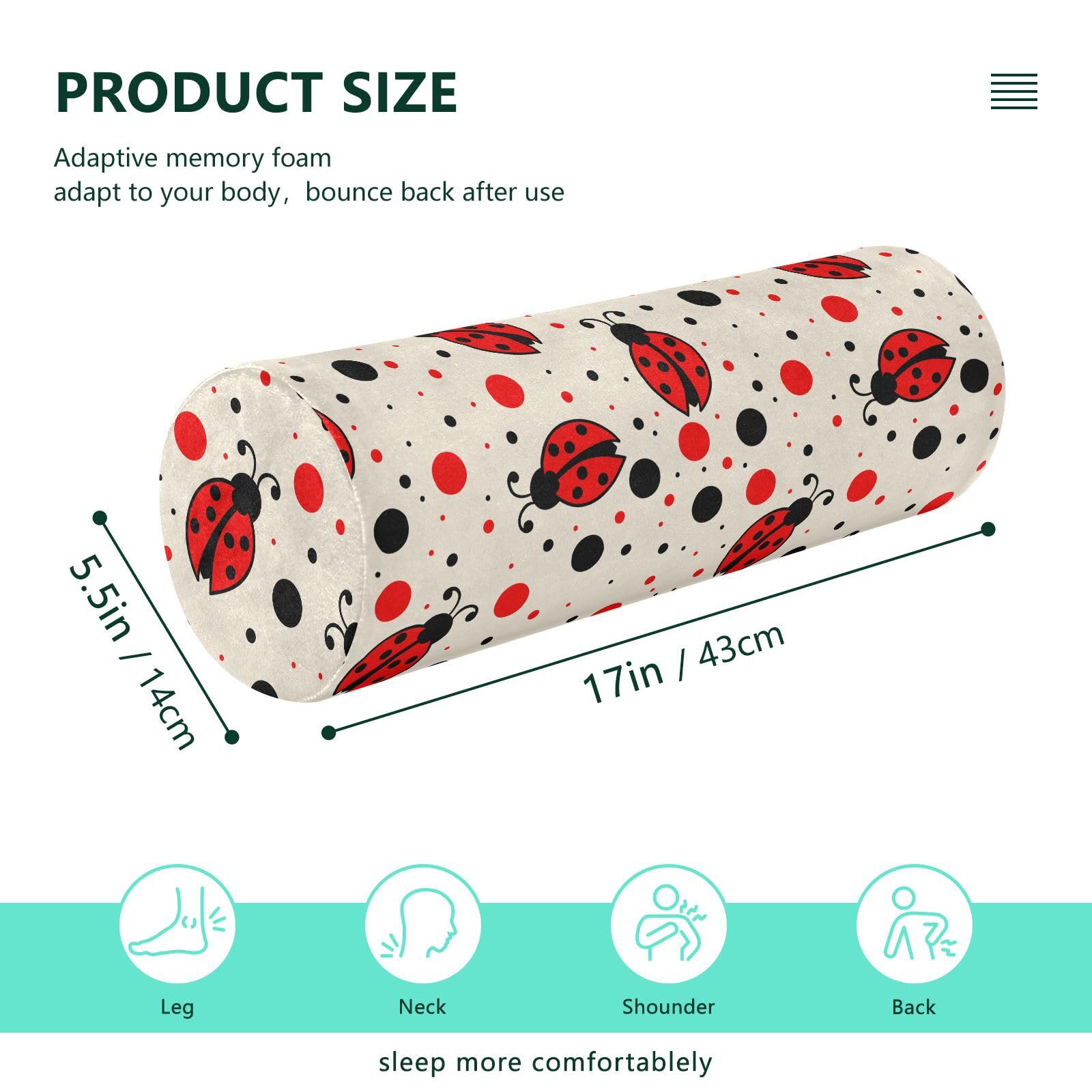 Vnurnrn Ladybirds Dots Neck Support Pillow Round Neck Roll Bolster Cylinder Pillow Cervical Pillows Knee Pillow for Leg Knee Back Head Support for Study Work Men Women