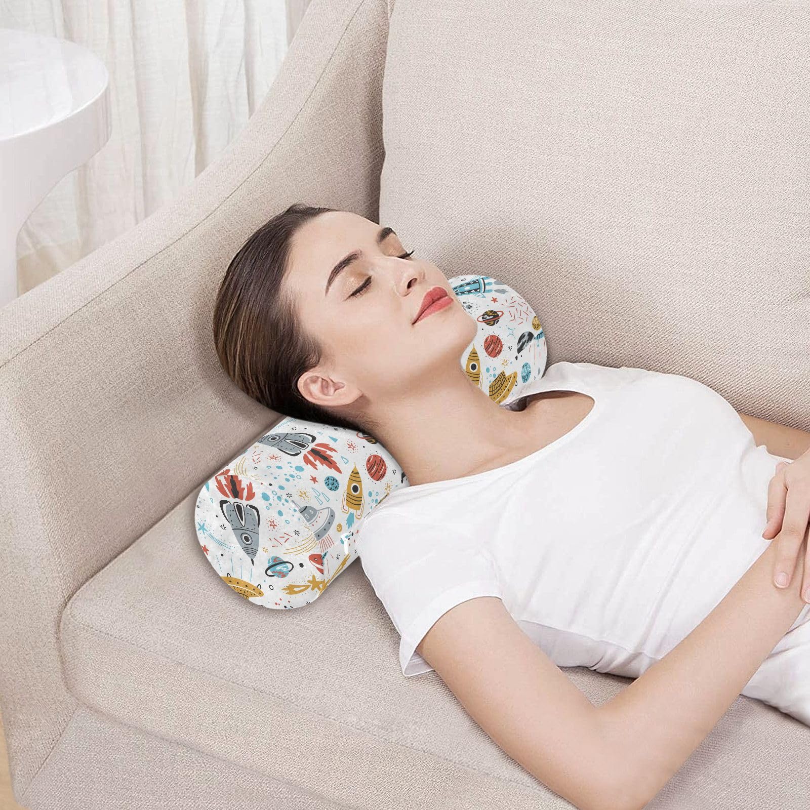 Vnurnrn Space Rockets Neck Support Pillow Round Neck Roll Bolster Cylinder Pillow Cervical Pillows Shoulder Pillow for Leg Knee Back Head Support for Study Work Men Women