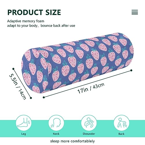 Vnurnrn Strawberry Blue Neck Support Pillow Round Neck Roll Bolster Cylinder Pillow Cervical Pillows Memory Foam Pillow for Leg Knee Back Head Support for Study Work Men Women