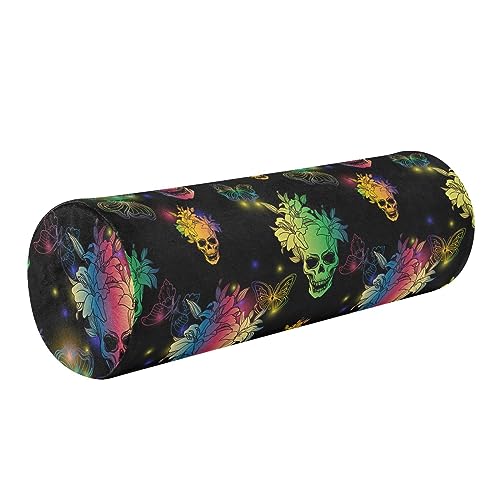 Vnurnrn Colorful Skull Neck Support Pillow Round Neck Roll Bolster Cylinder Pillow Cervical Pillows Back Pillow for Leg Knee Back Head Support for Camp Work Women Men Traveling