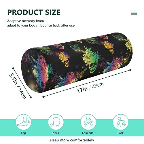 Vnurnrn Colorful Skull Neck Support Pillow Round Neck Roll Bolster Cylinder Pillow Cervical Pillows Back Pillow for Leg Knee Back Head Support for Camp Work Women Men Traveling